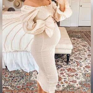 Ruffle Off Shoulder Long Sleeve Puff Sleeve Midi Dress